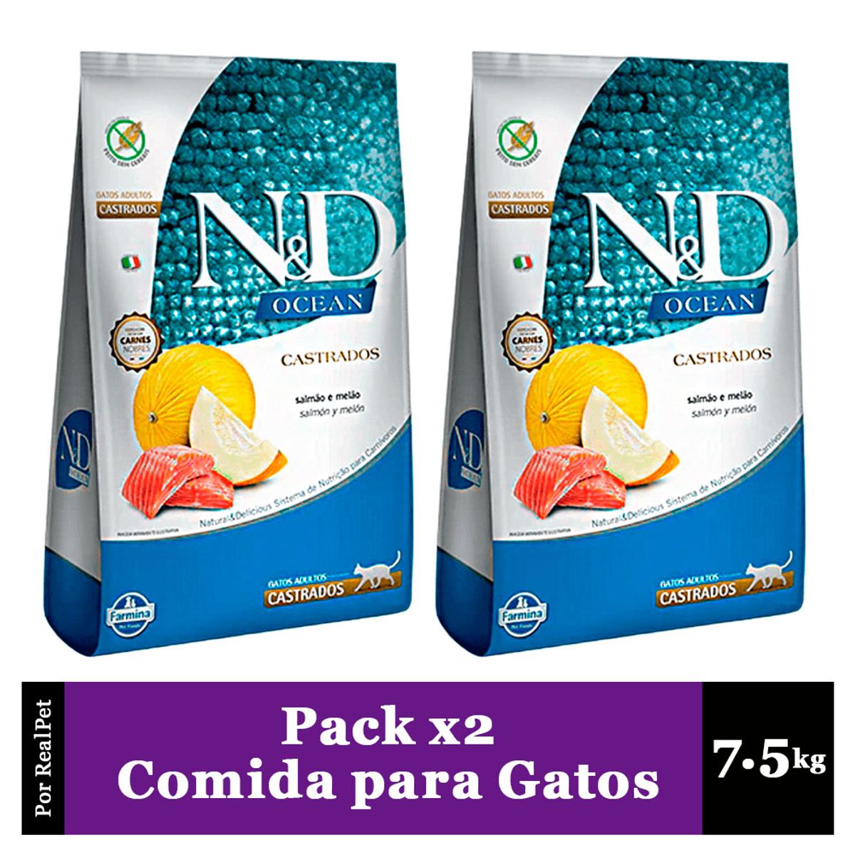 N&D - Pack x2 Comida Gato Castrado N&D Ocean Salmón y Melón 7.5 kg