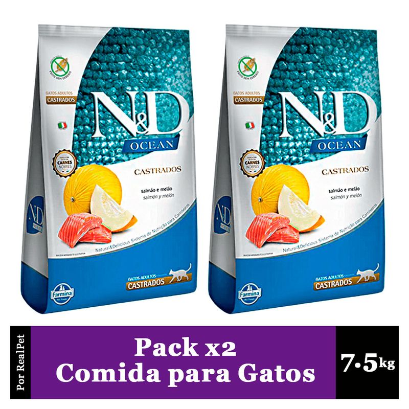 N&D - Pack x2 Comida Gato Castrado N&D Ocean Salmón y Melón 7.5 kg