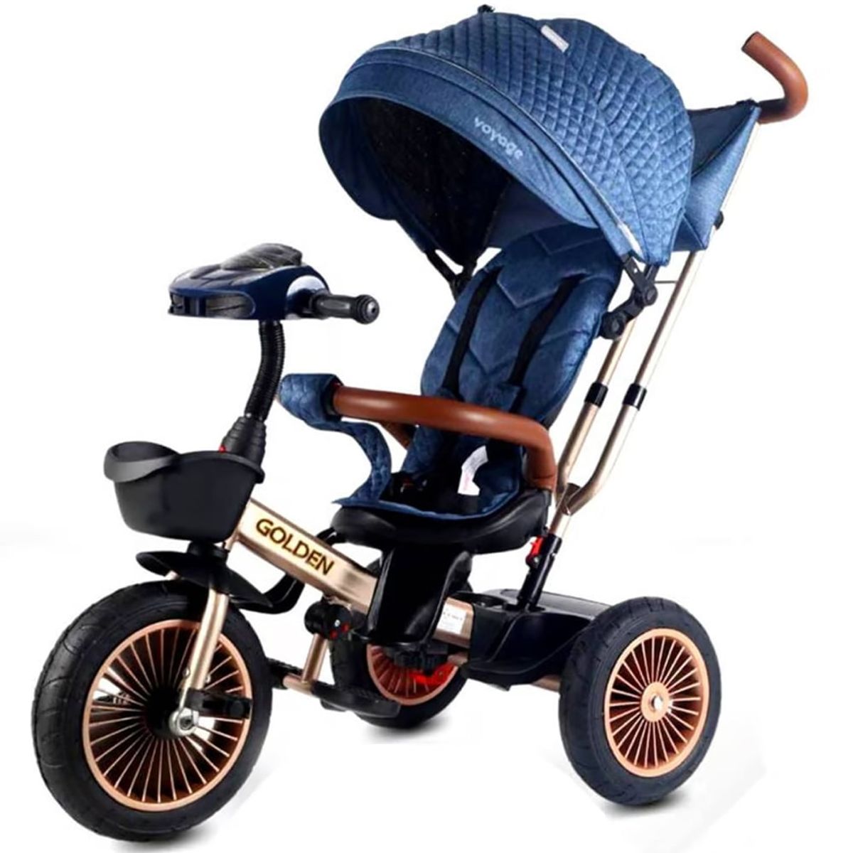 VOYAGE - Triciclo Asiento Giratorio Voyage GOLDEN con Tela UV Azul