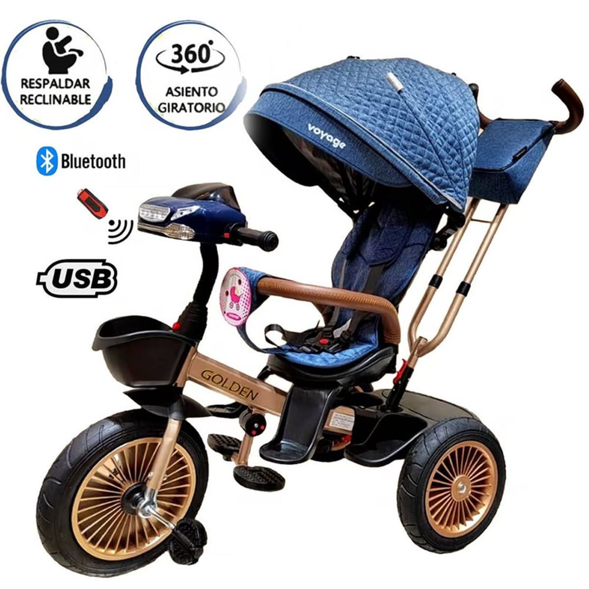 VOYAGE - Triciclo Asiento Giratorio Voyage GOLDEN con Tela UV Azul