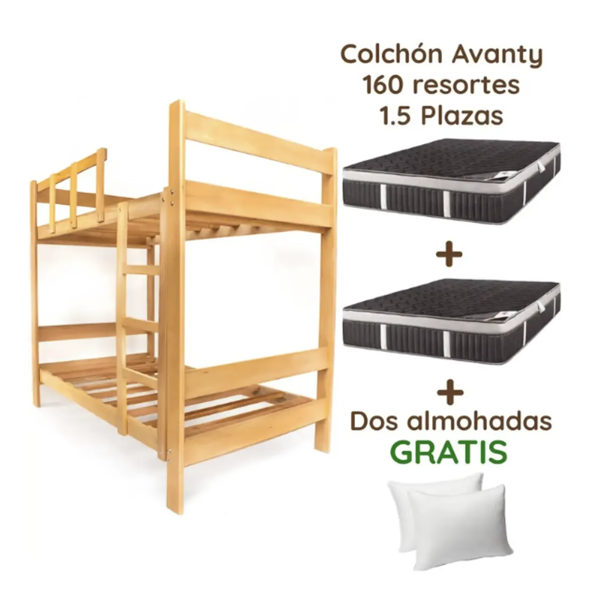 MUEBLES MACRUMO - Combo: Camarote de Pino Natural de 1.5 plz + 2 Colchones + Fundas