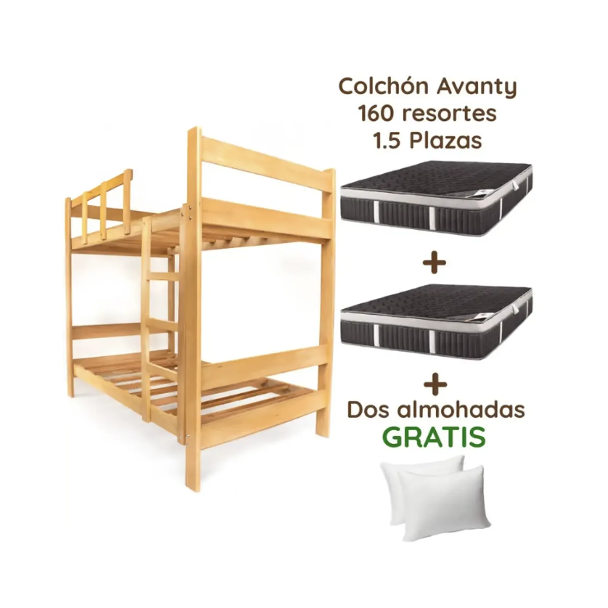 MUEBLES MACRUMO - Combo: Camarote de Pino Natural de 1.5 plz + 2 Colchones + Fundas