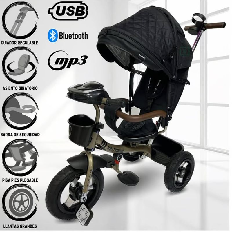 BABY KITS - Triciclo Guiador 3 en 1 «FORT PREMIUM» USB Negro