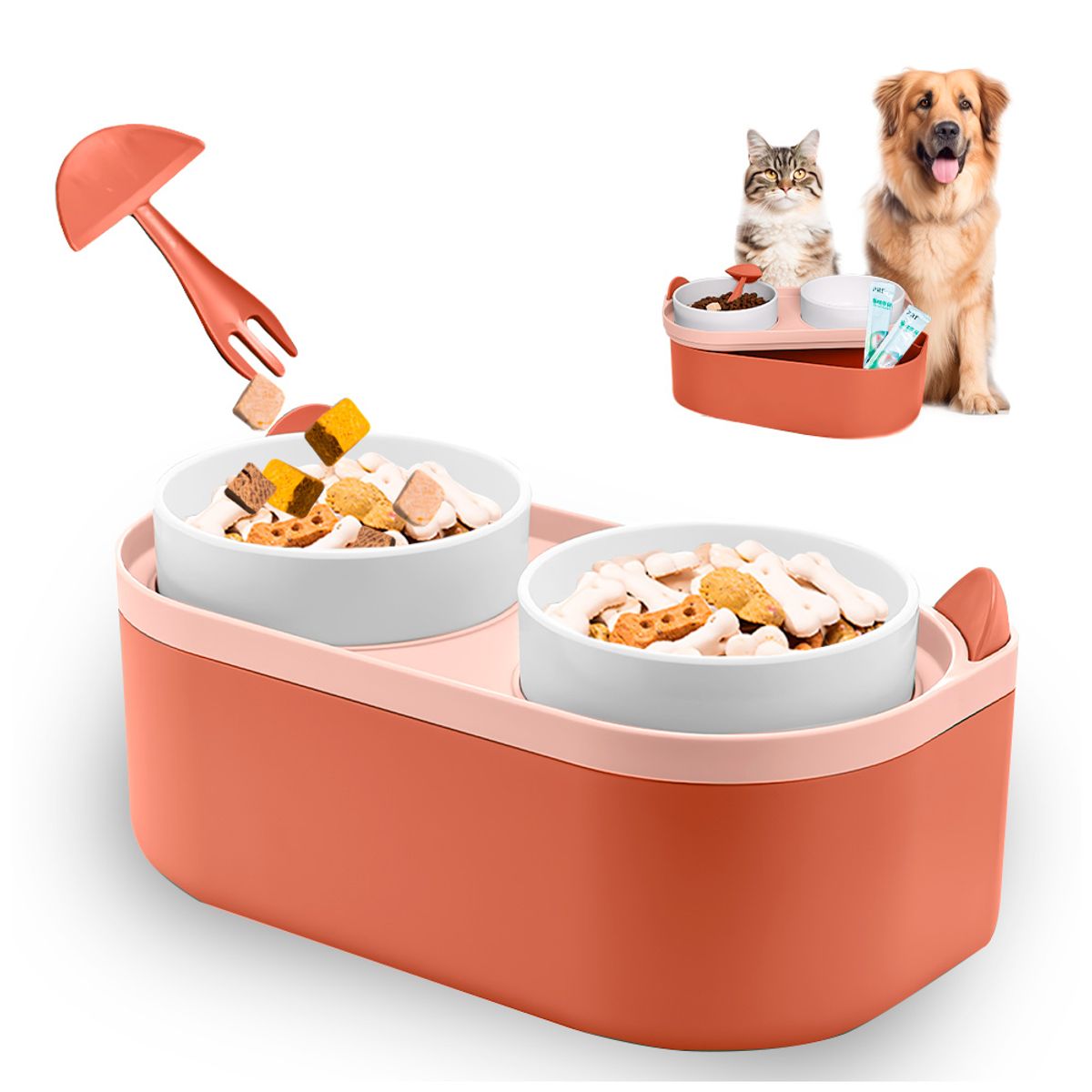 KELLER - Plato Elevado Doble para Perros Gatos con Base Rosado MM3