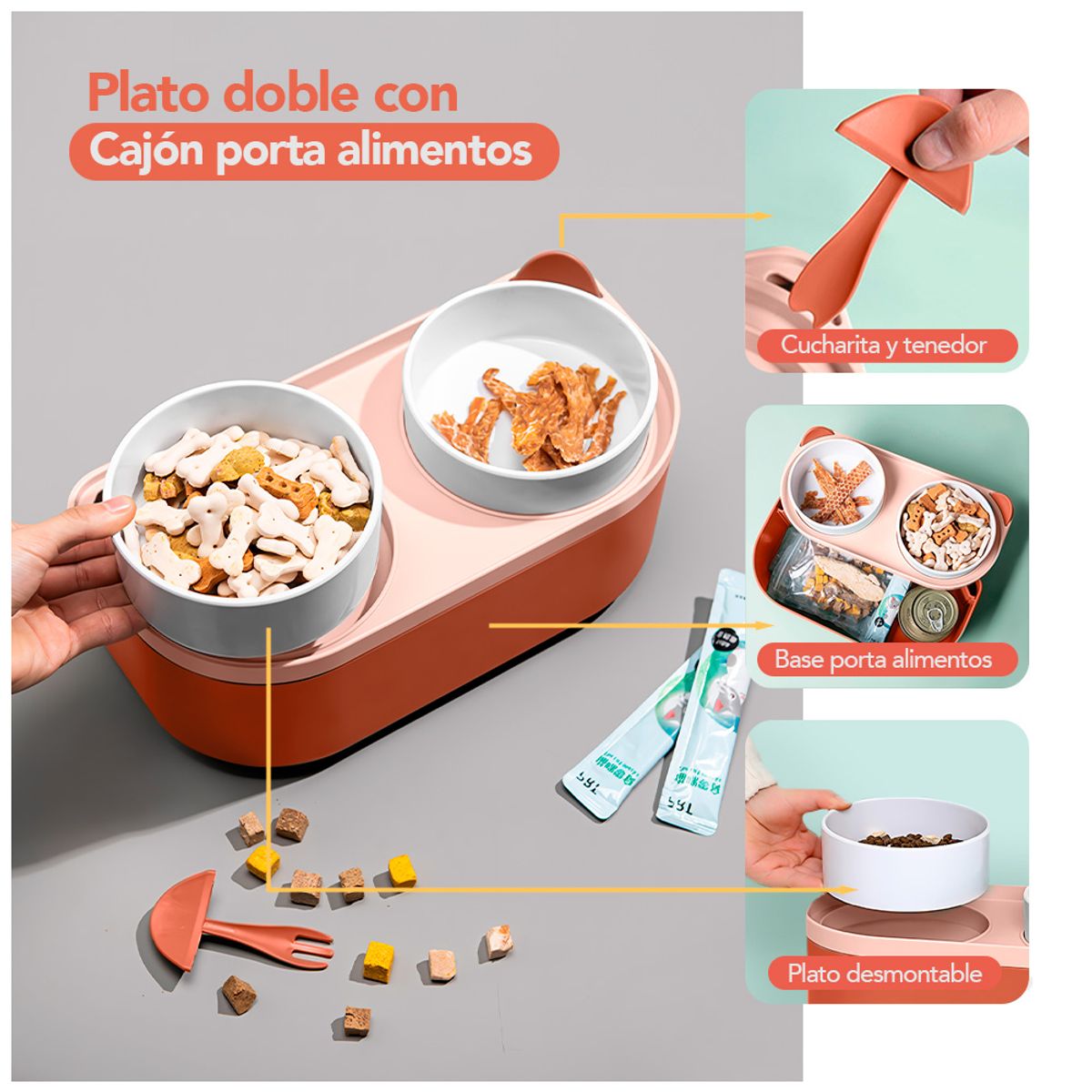 KELLER - Plato Elevado Doble para Perros Gatos con Base Rosado MM3