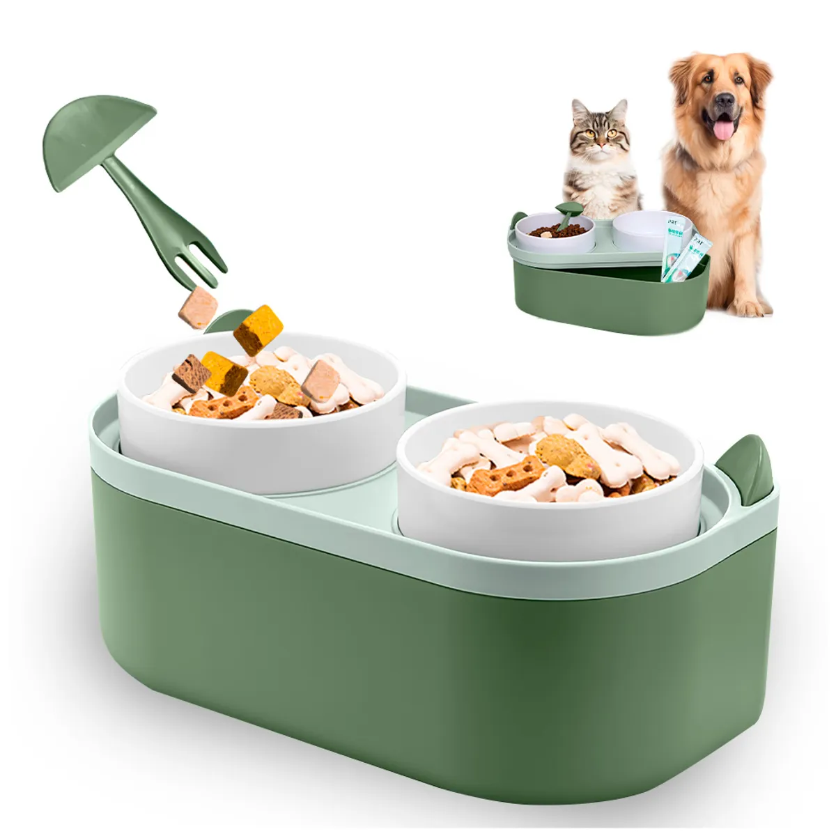 KELLER - Plato Elevado Doble para Perros Gatos con Base Verde MM3