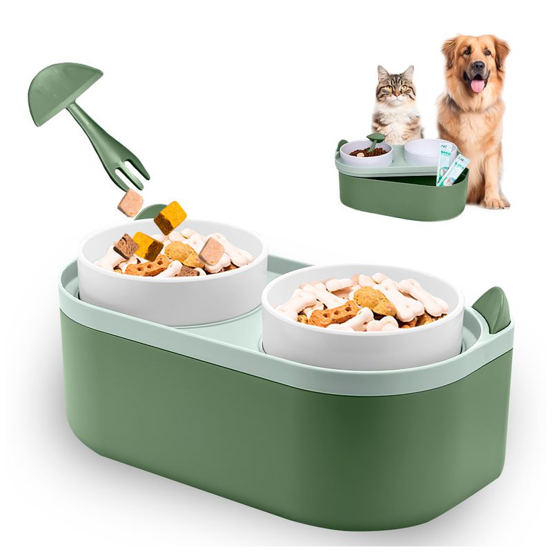 KELLER - Plato Elevado Doble para Perros Gatos con Base Verde MM3