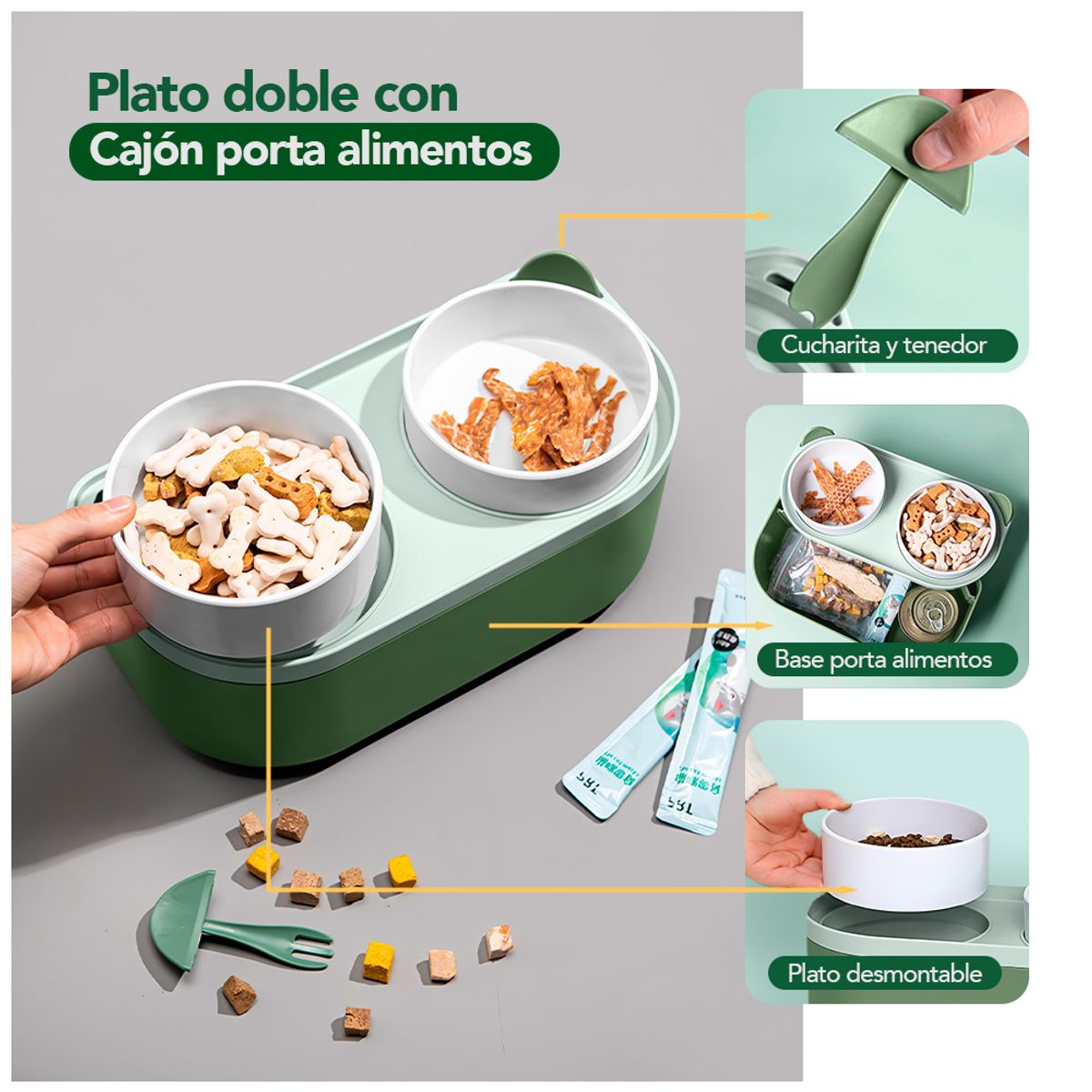 KELLER - Plato Elevado Doble para Perros Gatos con Base Verde MM3