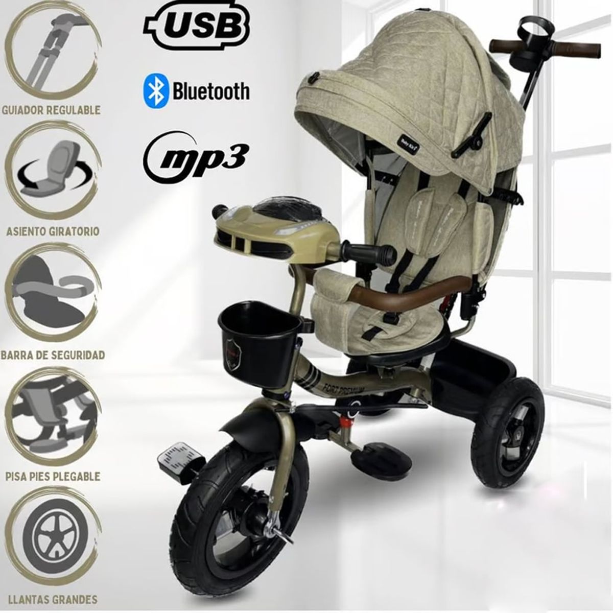 BABY KITS - Triciclo Guiador 3 en 1 «FORT PREMIUM» USB Beige