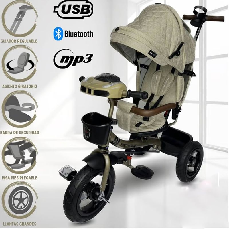 BABY KITS - Triciclo Guiador 3 en 1 «FORT PREMIUM» USB Beige