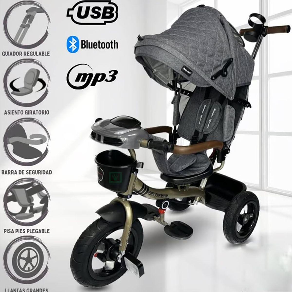 BABY KITS - Triciclo Guiador 3 en 1 «FORT PREMIUM» USB Gris