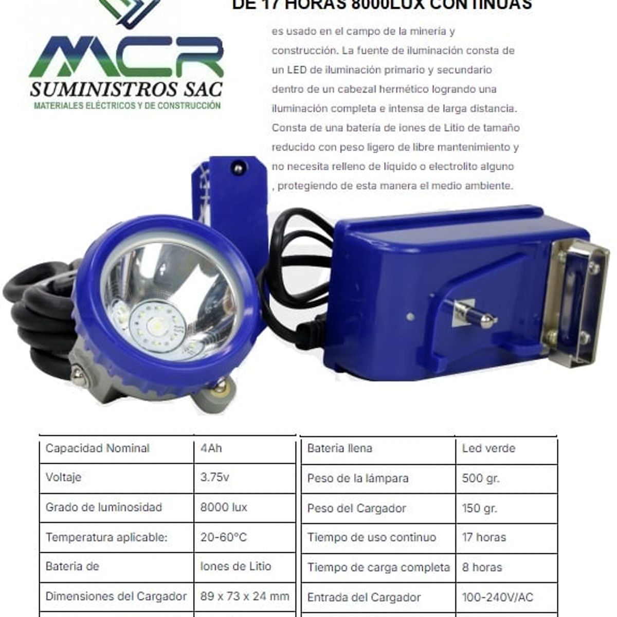 GENERICO - LINTERNA PARA MINERO O MINERIA LED DE 17 HORAS 8000LUX CONTINUAS