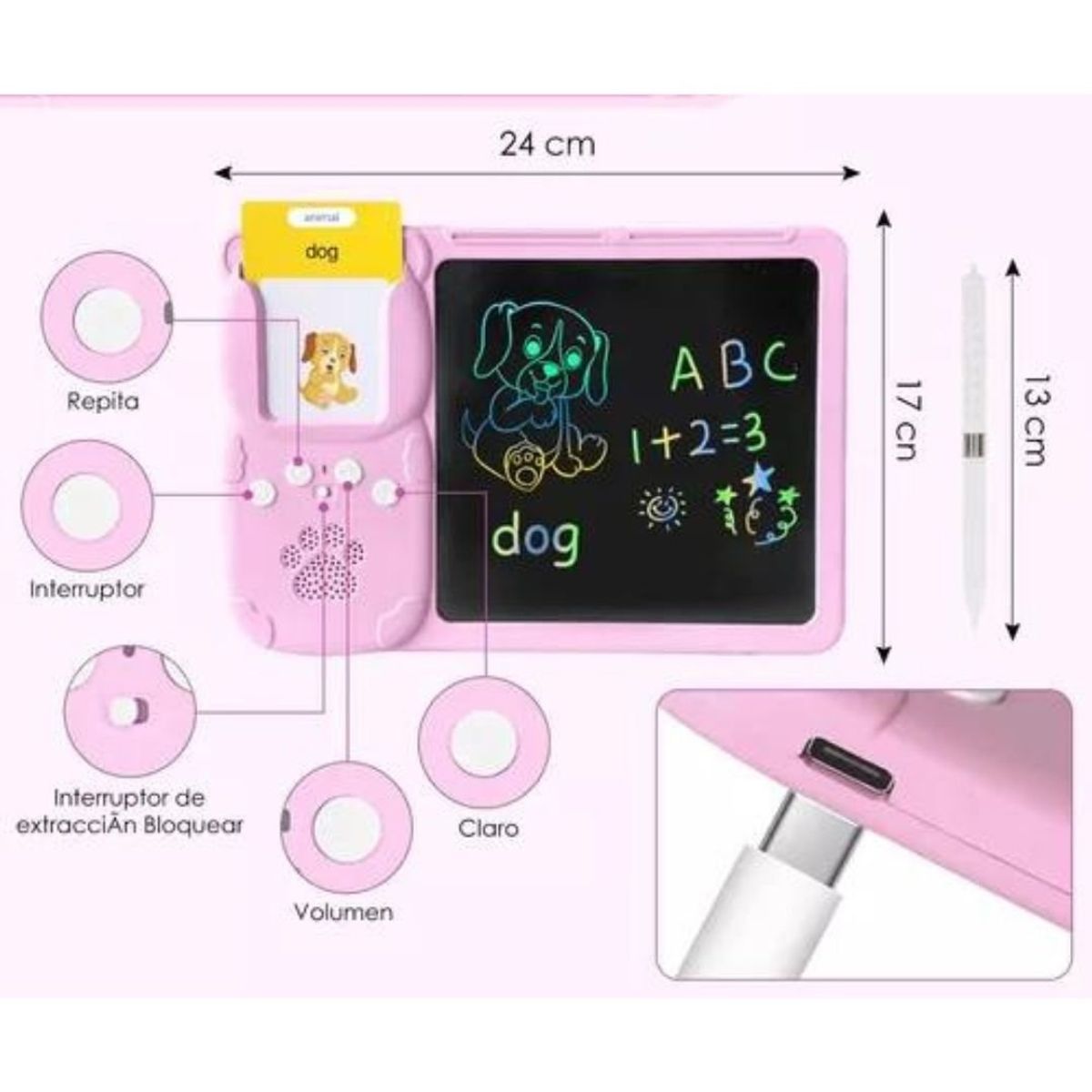 GENERICO - Tarjetas Didácticas Audibles Con Pizarra Mágica LCD Rosado