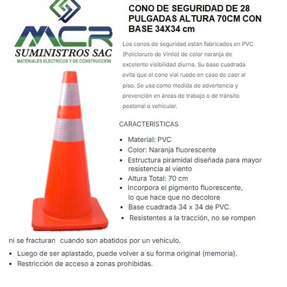 GENERICO - CONO DE SEGURIDAD DE 28 PULGADAS ALTURA 70CM CON BASE 34X34