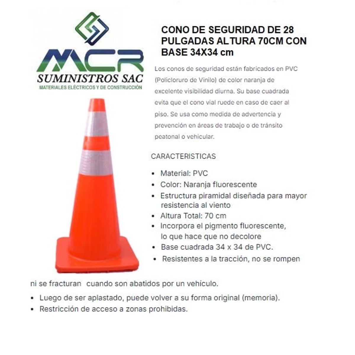 GENERICO - CONO DE SEGURIDAD DE 28 PULGADAS ALTURA 70CM CON BASE 34X34