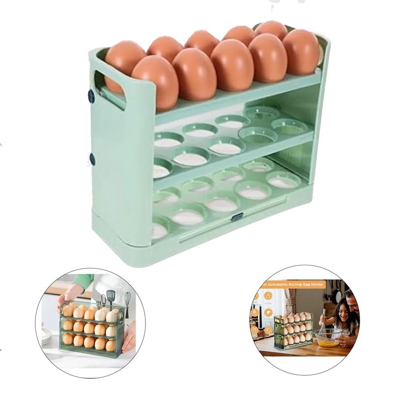 GENERICO - Organizador de huevos, 3 niveles con capacidad para 30 unidades -Verde