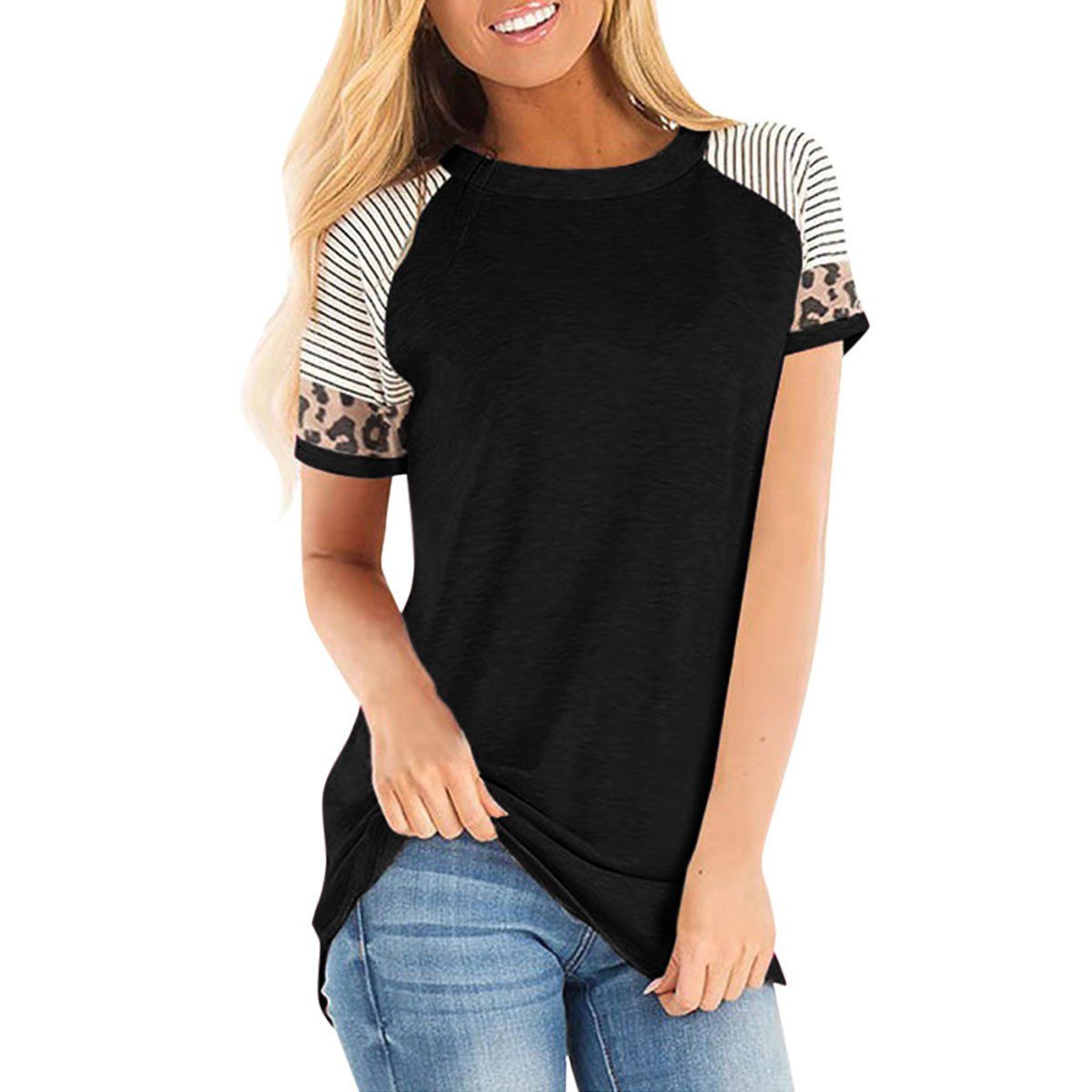 DENISASAA - Camiseta patchwork de cuello redondo y manga corta en color liso