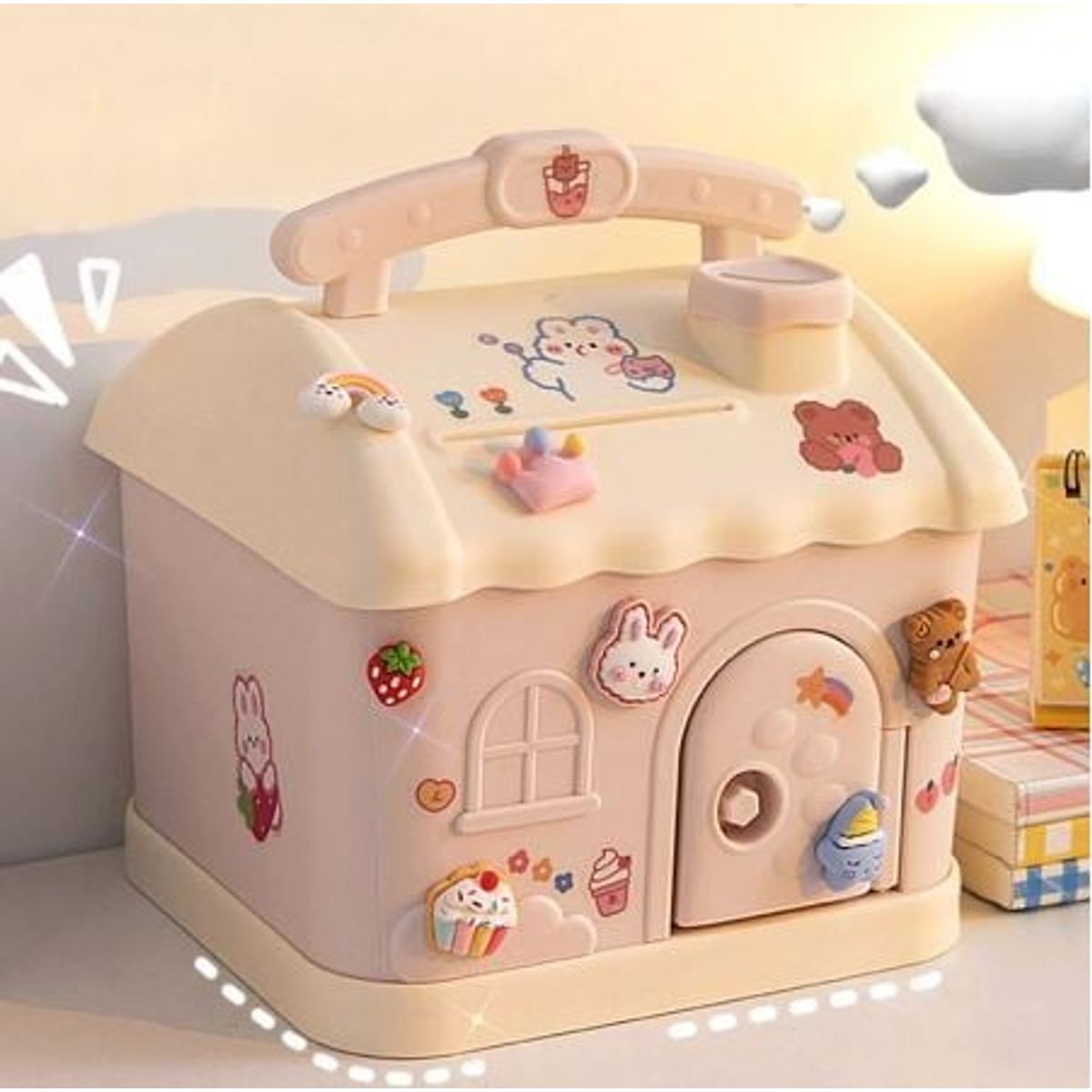 GENERICO - alcancia casita kawaii rosa con llave y sticker 2d y 3d