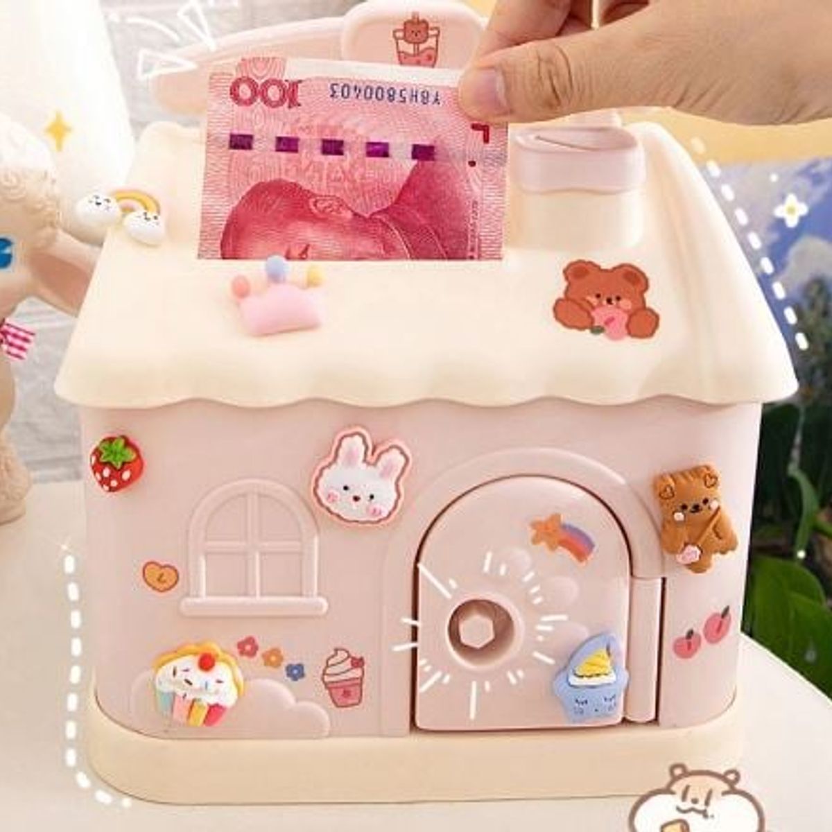 GENERICO - alcancia casita kawaii rosa con llave y sticker 2d y 3d