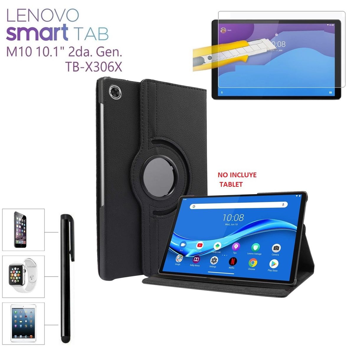 GENERICO - Funda + Mica + Lapiz para Lenovo M10 2da Gen 10.1 4G Lte TB-X306X Case.