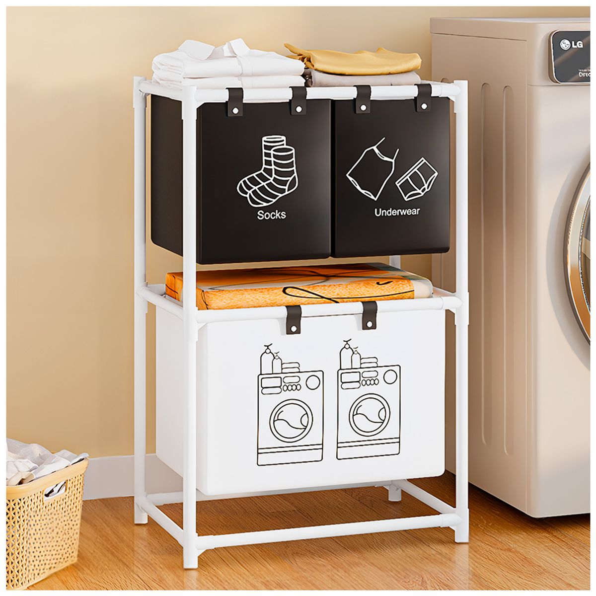 KELLER - Cesto de Ropa 2 Niveles 3 Secciones Blanco O23