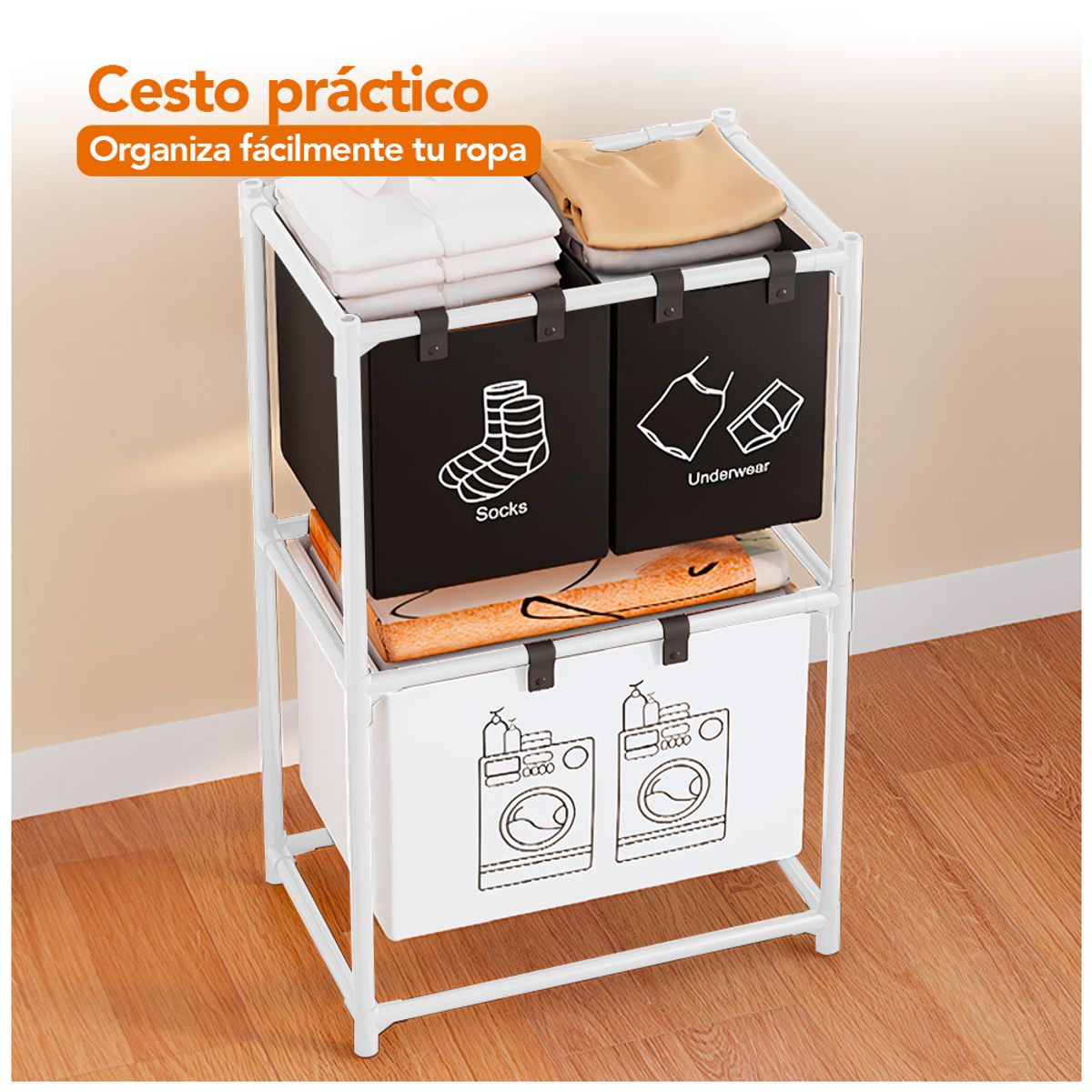 KELLER - Cesto de Ropa 2 Niveles 3 Secciones Blanco O23