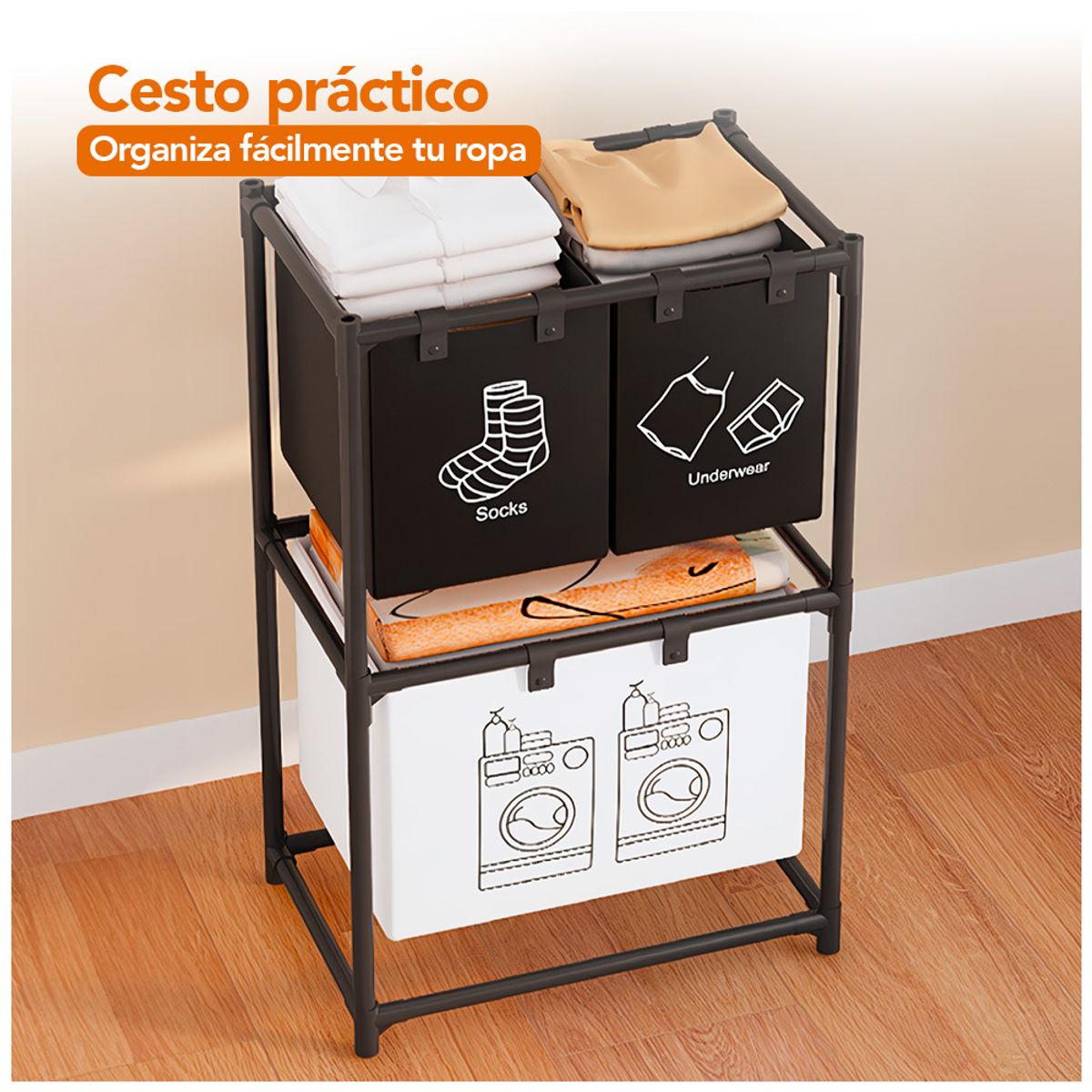 KELLER - Cesto de Ropa 2 Niveles 3 Secciones Negro O23