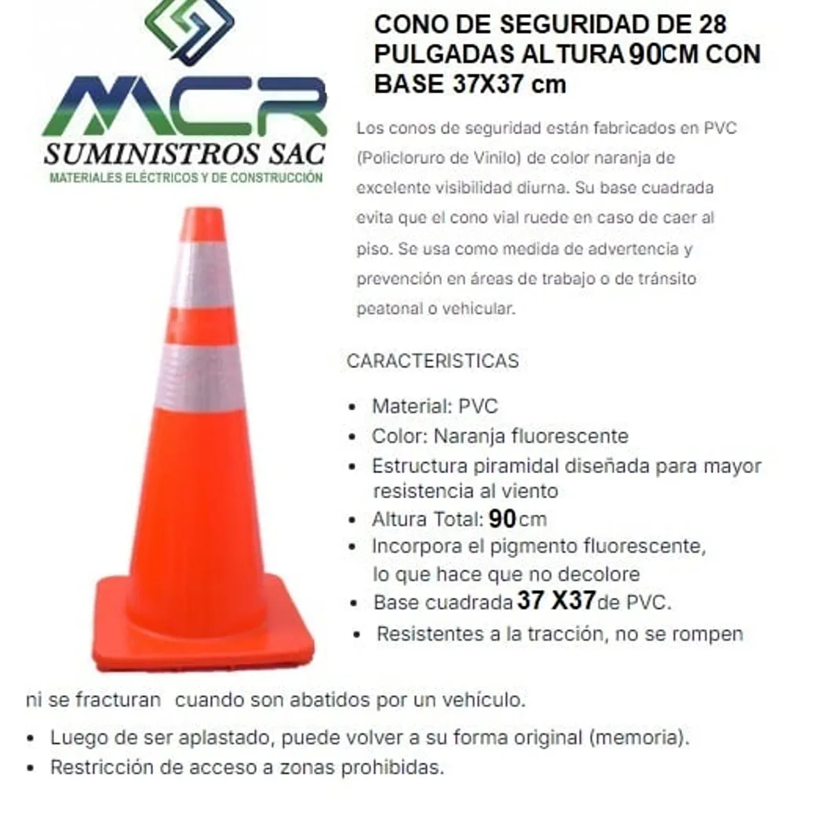 GENERICO - CONO DE SEGURIDAD DE 36 PULGADAS ALTURA 90CM CON BASE 34X34CM