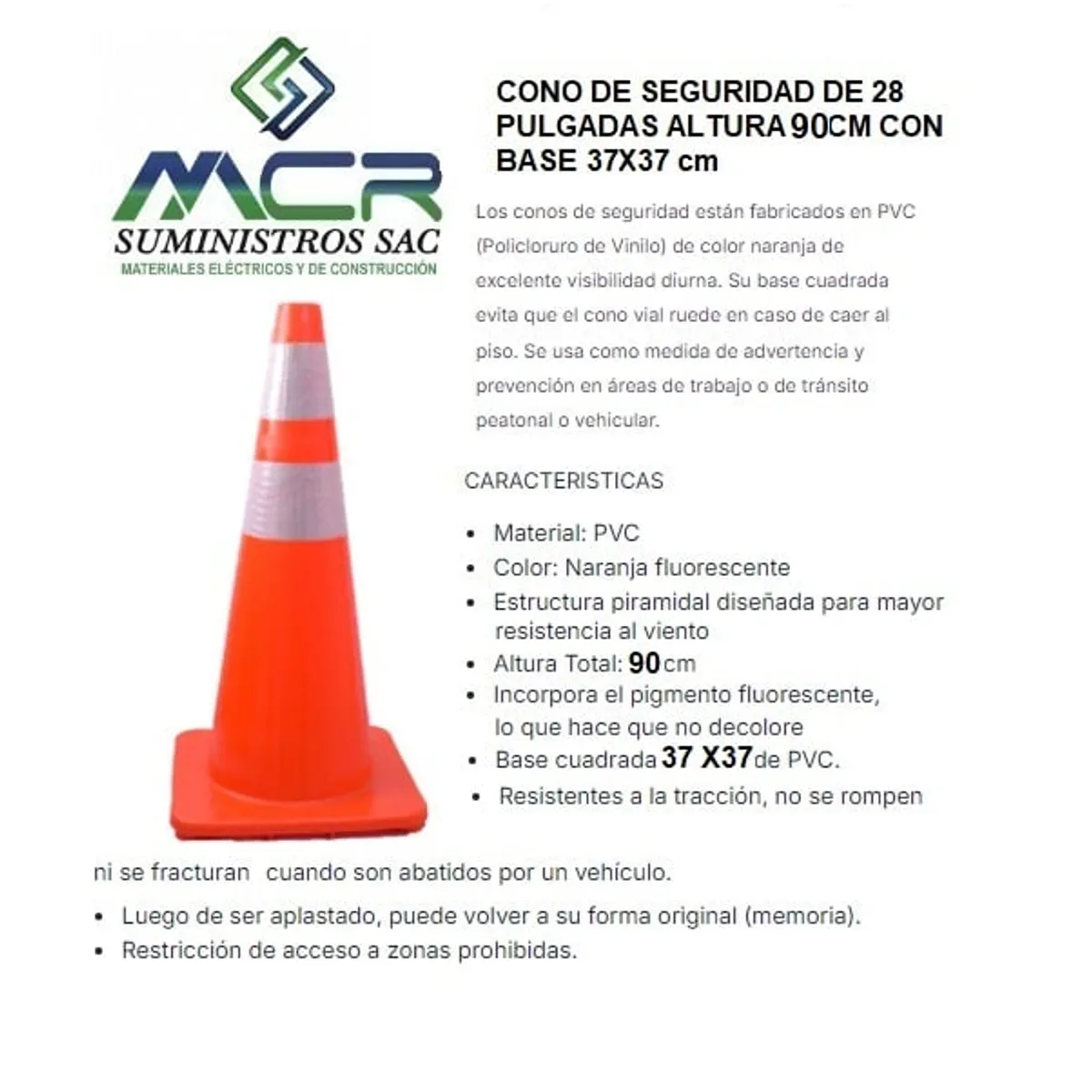 GENERICO - CONO DE SEGURIDAD DE 36 PULGADAS ALTURA 90CM CON BASE 34X34CM