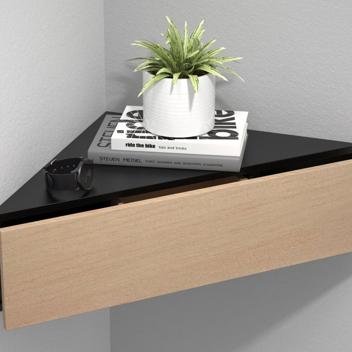 TU MESITA - Velador Esquinero Flotante Sandy color NegroDuna 1 cajón TU MESITA