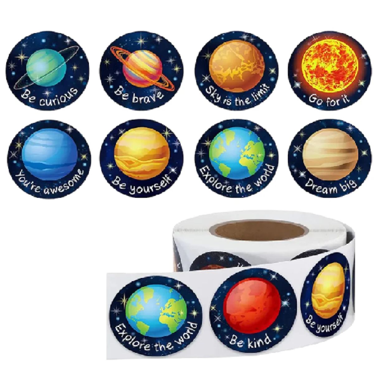 GENERICO - 100 stickers en rollo planetas