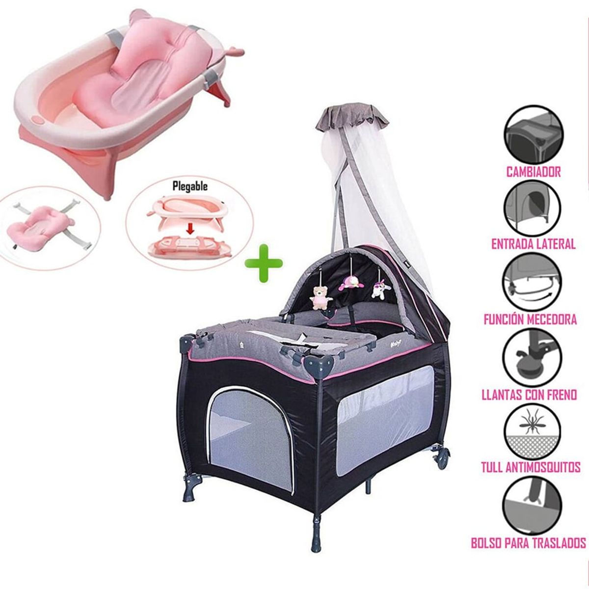 EBABY - Cuna Corral Mecedora SALLY 716 + Tina Plegable Rosado