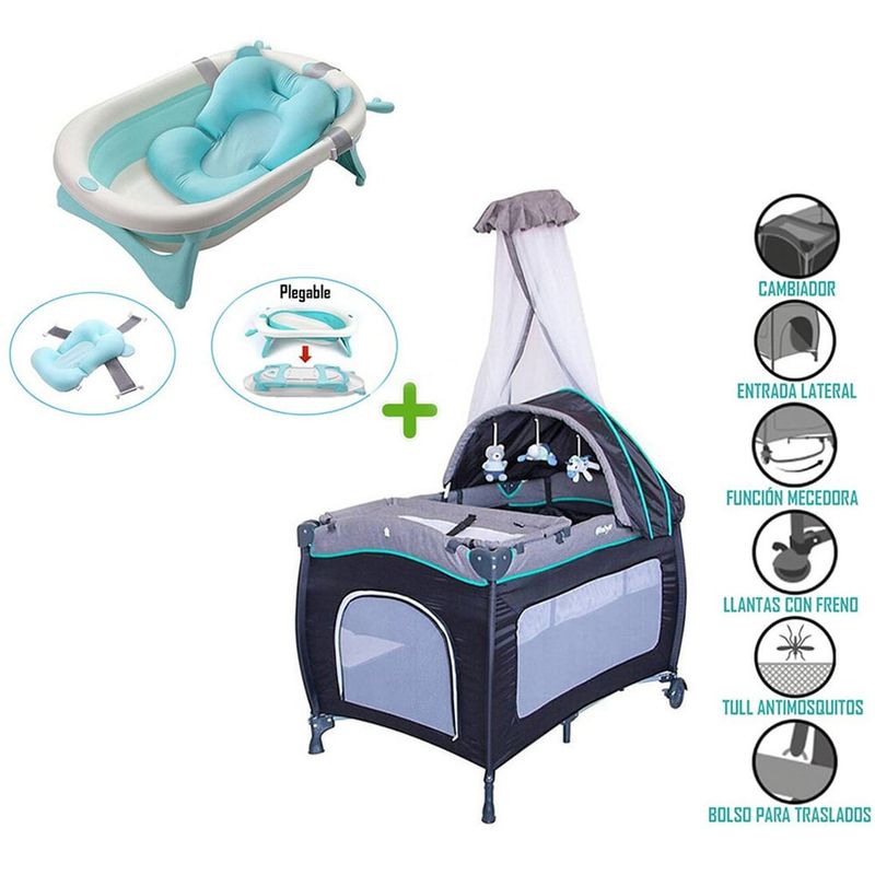 EBABY - Cuna Corral Mecedora SALLY 716 + Tina Plegable Celeste
