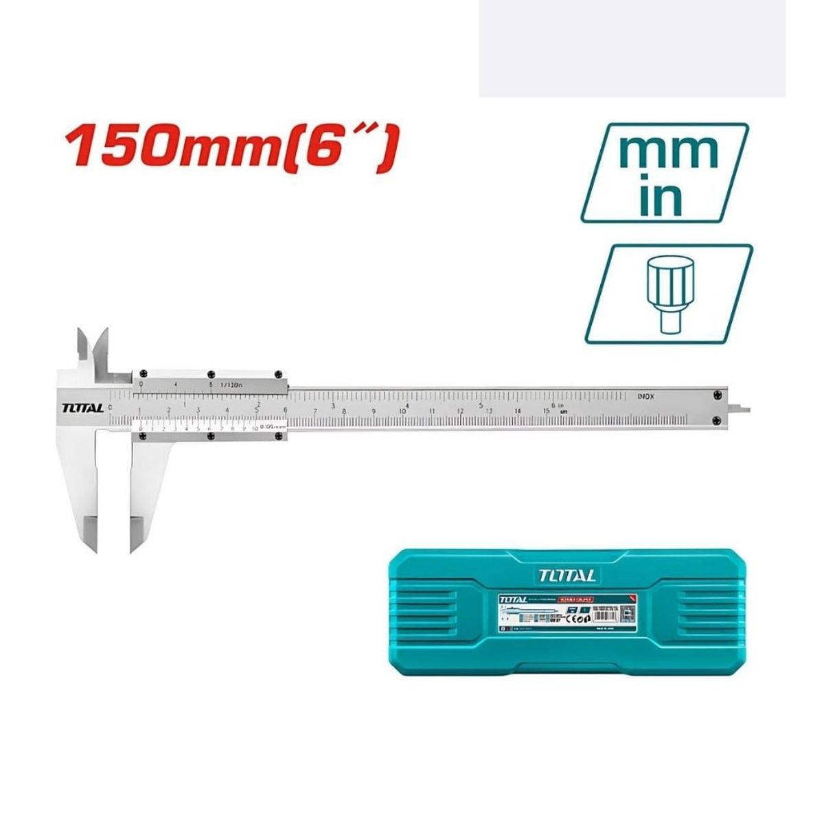TOTAL TOOLS - Calibrador Vernier 150mm 6 pulg Acero al carbón con Estuche Total