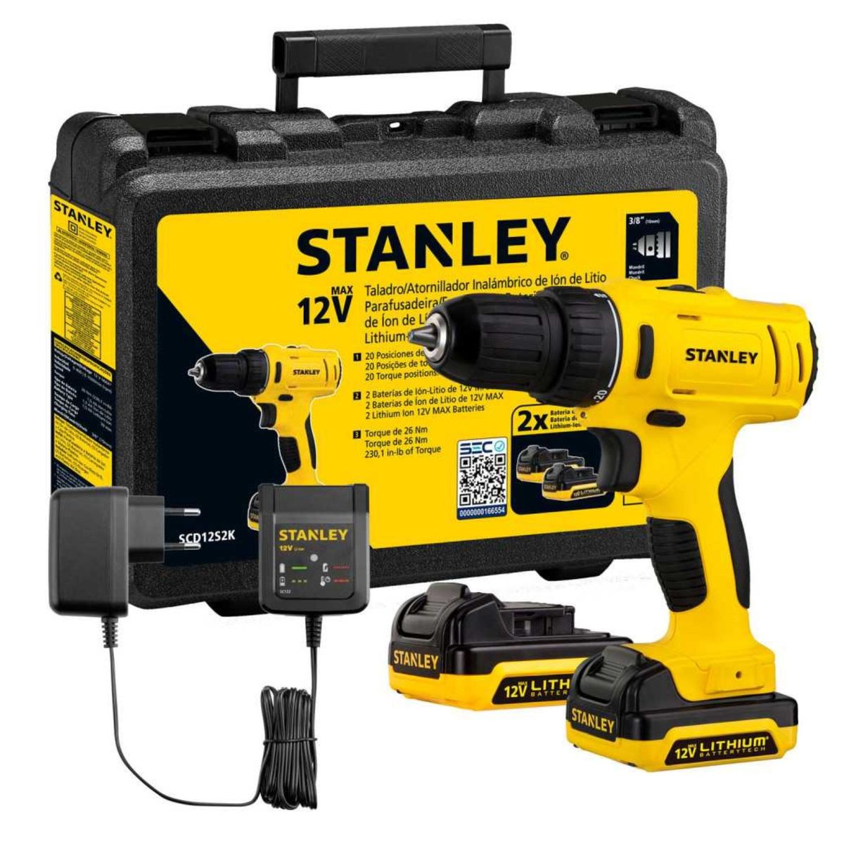 Taladro atornillador inalámbrico 12V + 2 baterías y cargador Stanley, marca STANLEY - Foto Principal