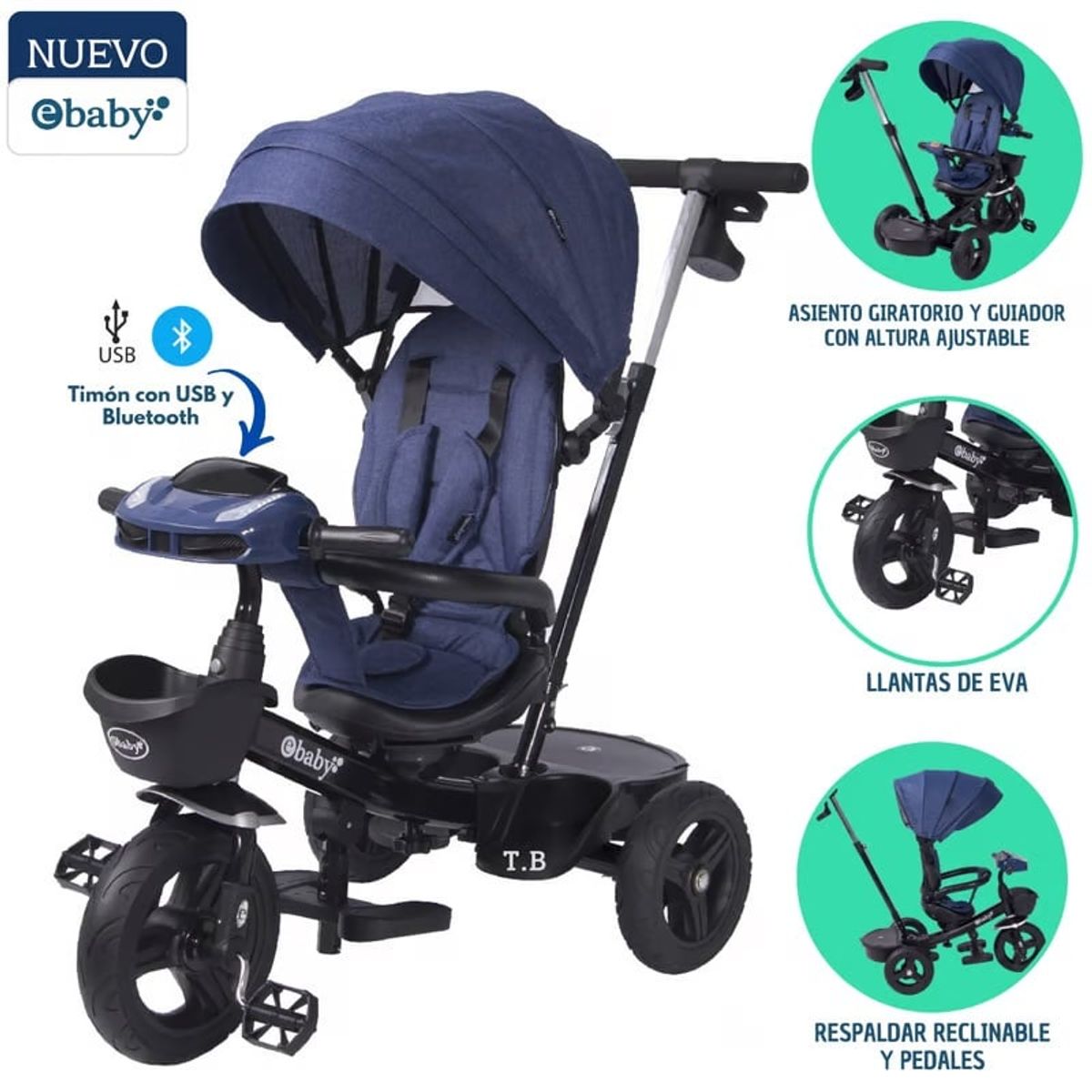 EBABY - Triciclo guiador Ebaby Aria con USB y bluetooth