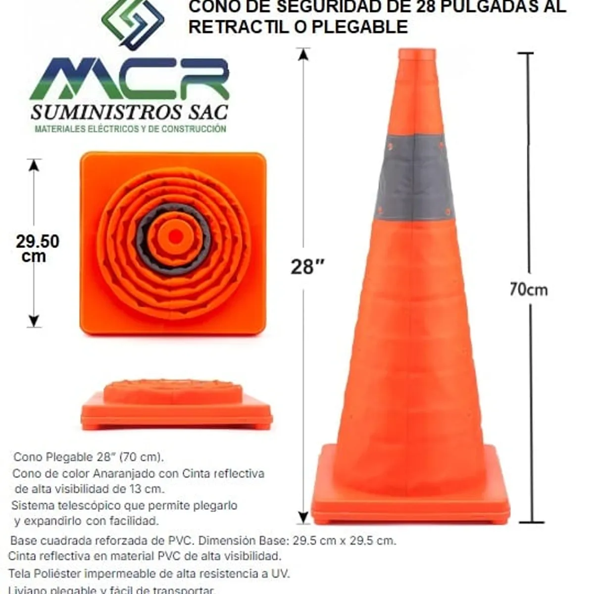 GENERICO - CONO DE SEGURIDAD DE 28 PULGADAS ALTURA 70CM RETRACTIL O PLEGABLE