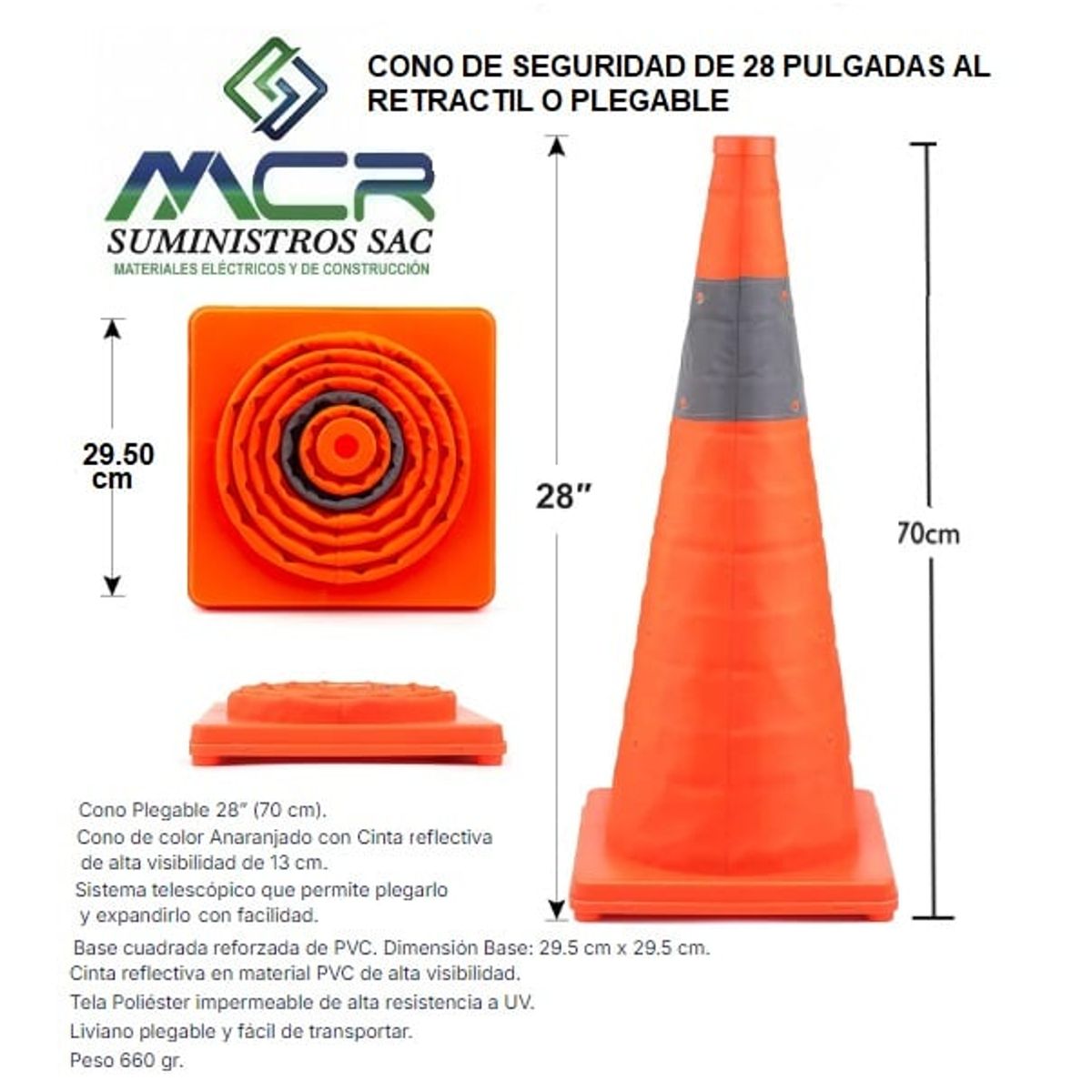 GENERICO - CONO DE SEGURIDAD DE 28 PULGADAS ALTURA 70CM RETRACTIL O PLEGABLE