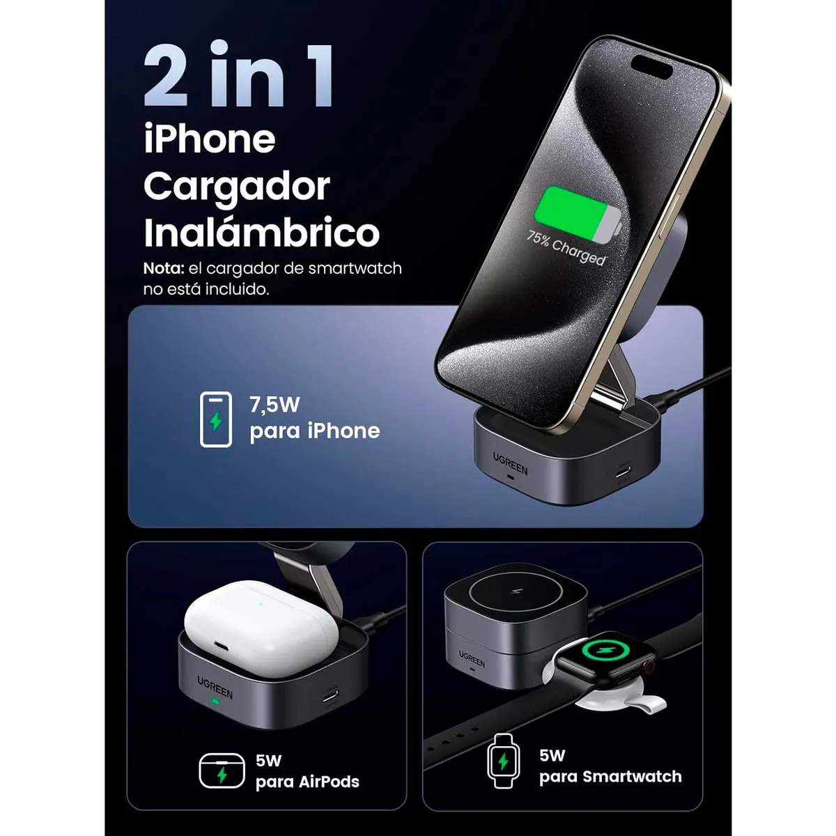 UGREEN - Cargador Ugreen inalámbrico Magsafe 2 en 1 W526 35278