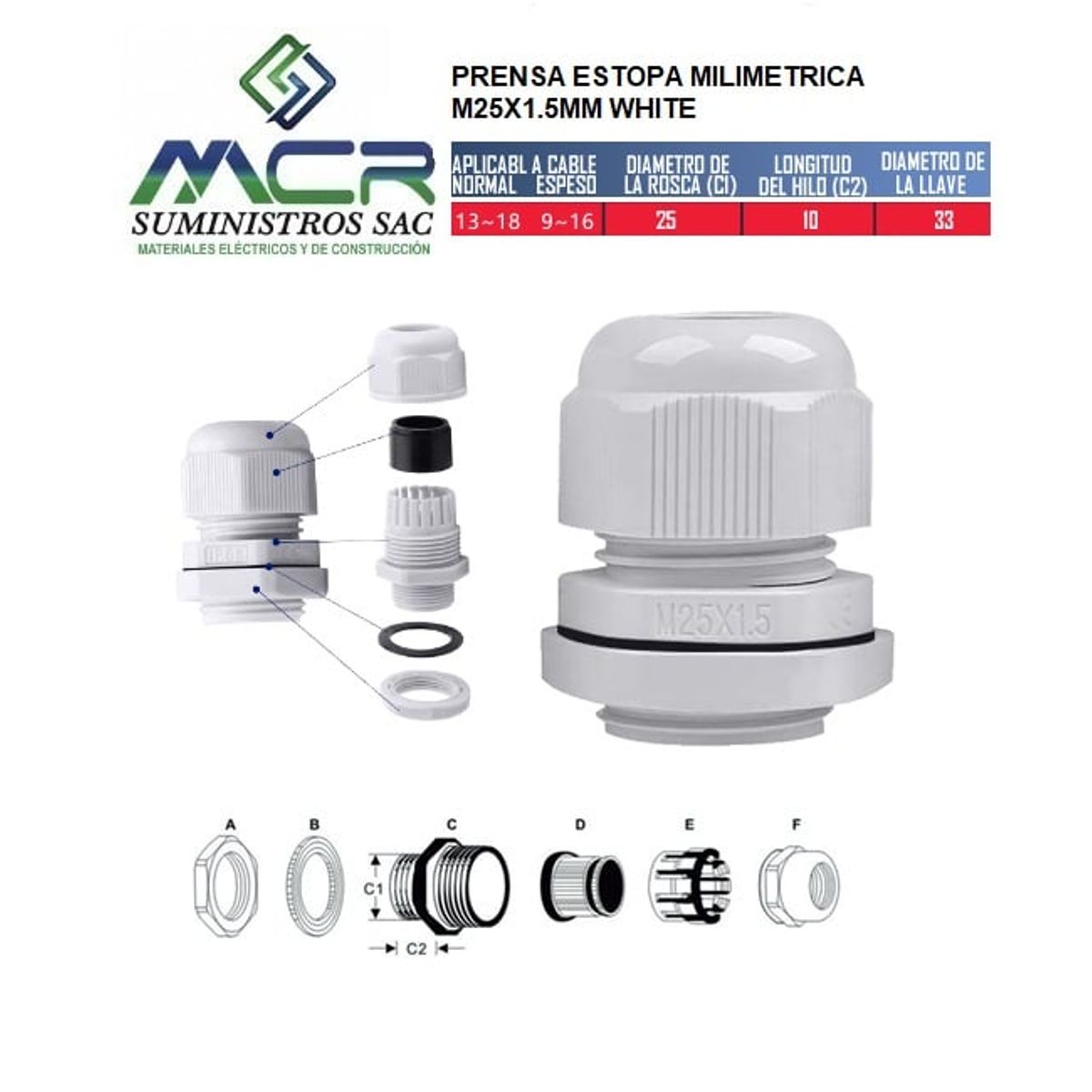 GENERICO - PRENSA ESTOPA MILIMETRICA M25X15MM WHITE