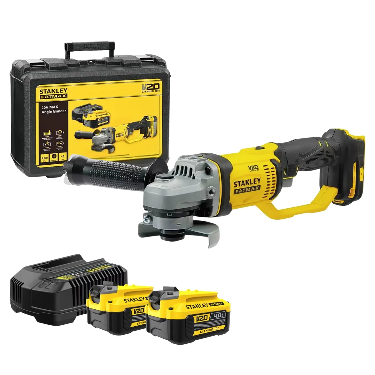 STANLEY - Amoladora inalámbrica esmeriladora angular 20V + 2 baterias 4A Stanley
