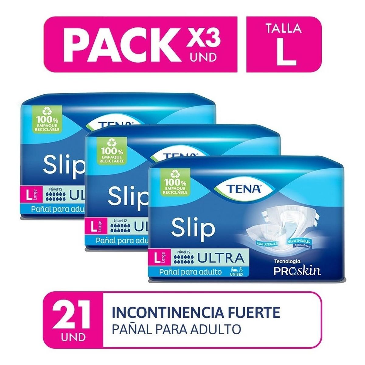 TENA - Pañal Tena Slip Ultra Large 4X21 Pack X3