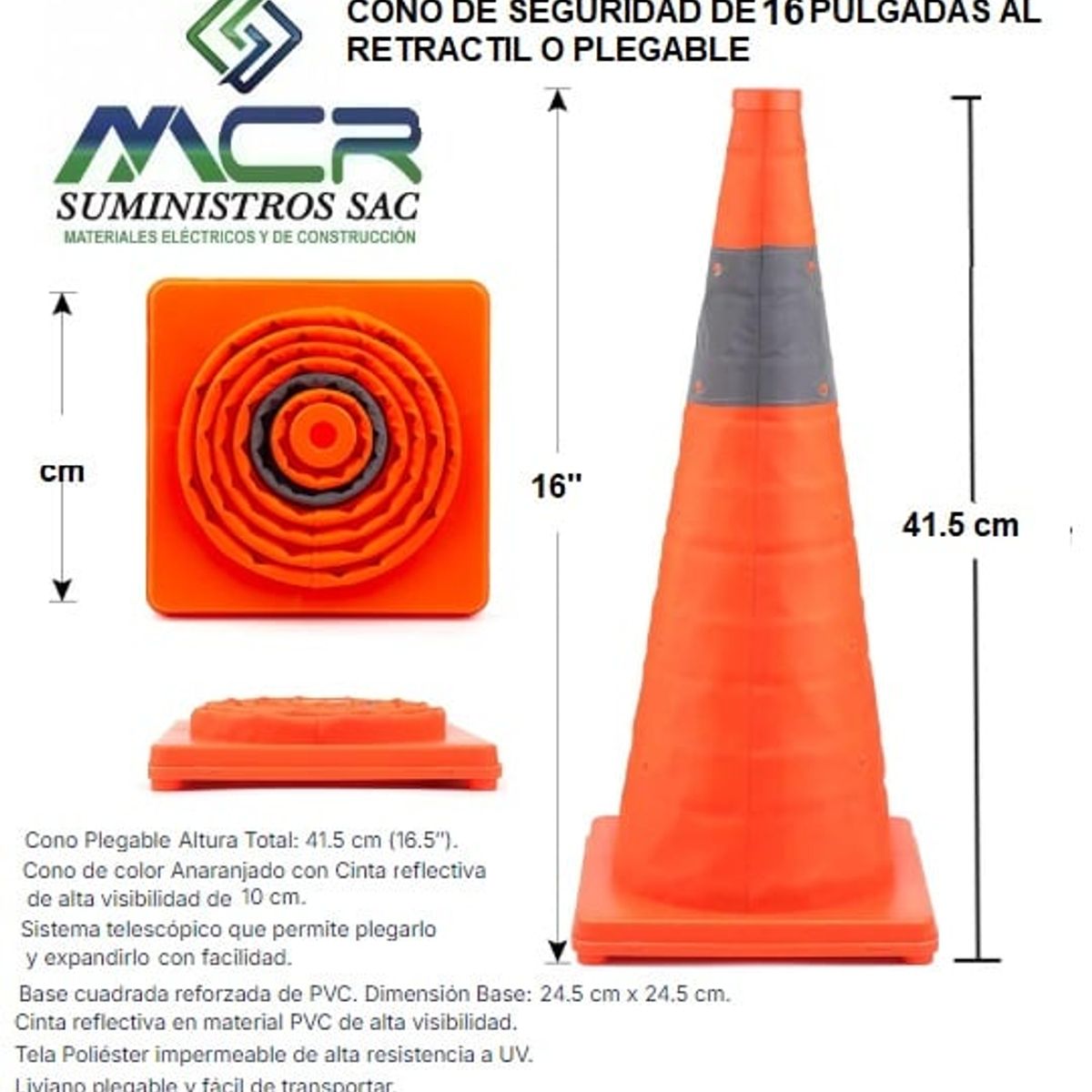 GENERICO - CONO DE SEGURIDAD DE 16 PULGADAS ALTURA 42 CM RETRACTIL O PLEGABLE