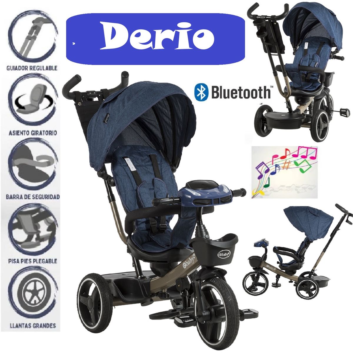 EBABY - Triciclo Musical Luces Reclinable Giratorio Bluetooth EB365