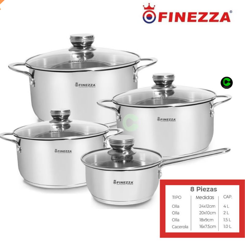 FINEZZA - SET DE OLLAS ACERO INOXIDABLE FINEZZA 8PZAS FZ-980AE-IN