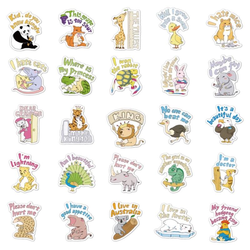 GENERICO - pack 50 stickers impermeables Animales con Frases