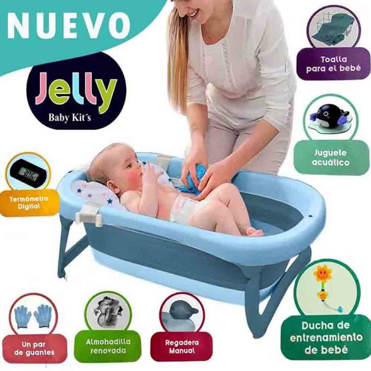 BABY KITS - Bañera Tina de Baño Plegable JELLY Termómetro 6 Accesorios Azul