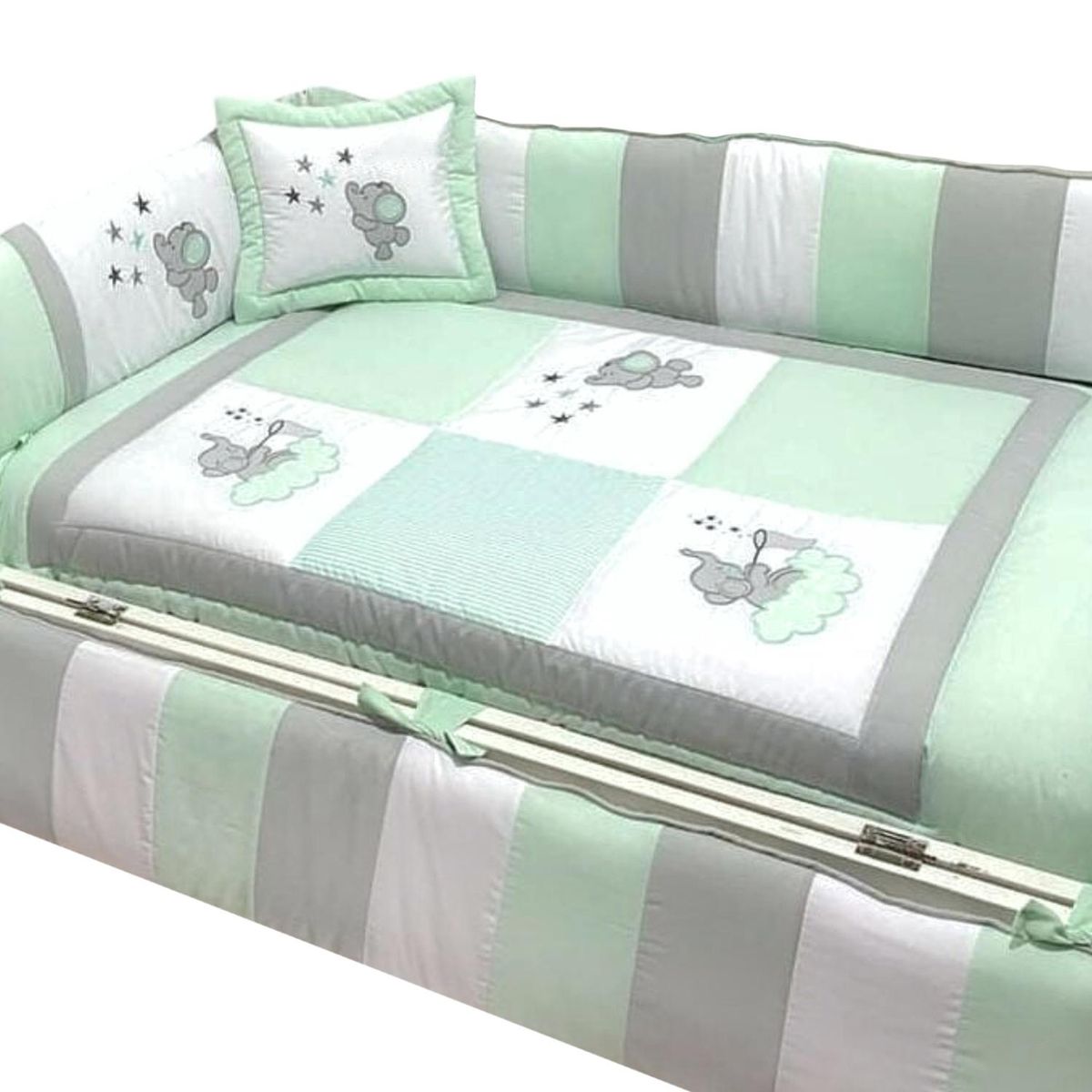 BABY MERINOS - Set de Cuna y 4 protectores 130x70 cm - Prestige - Elefante juguetona Verde