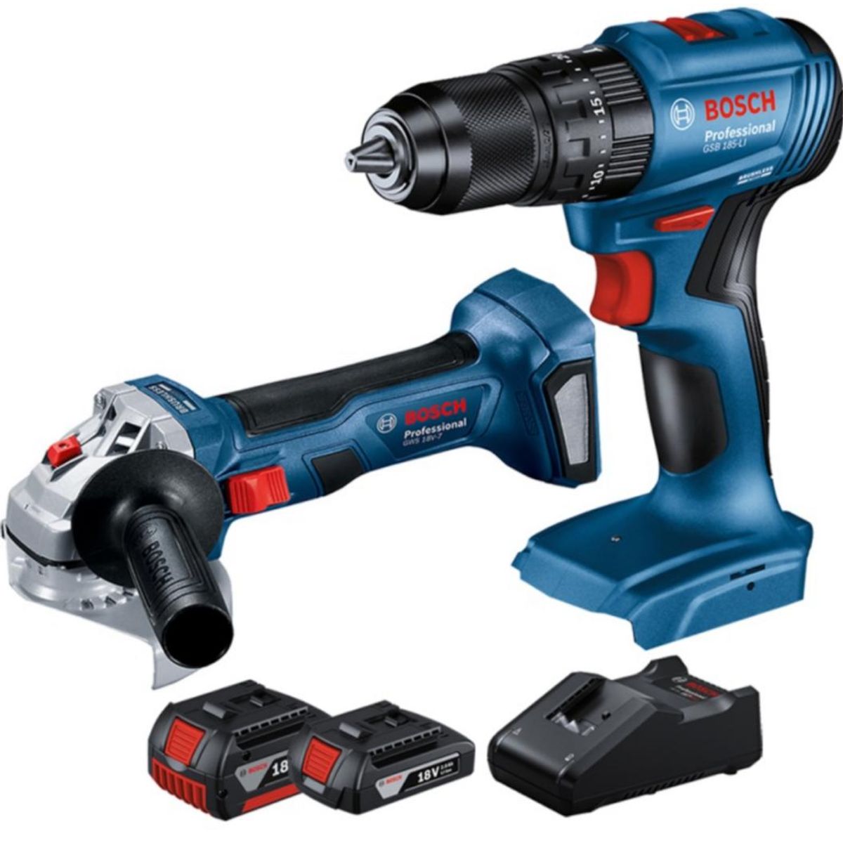 BOSCH - Taladro Percutor 1/2" GSB 185-LI + Amoladora Angular 5" GWS 180-LI + 2 Baterías 18V + Cargador Bosch