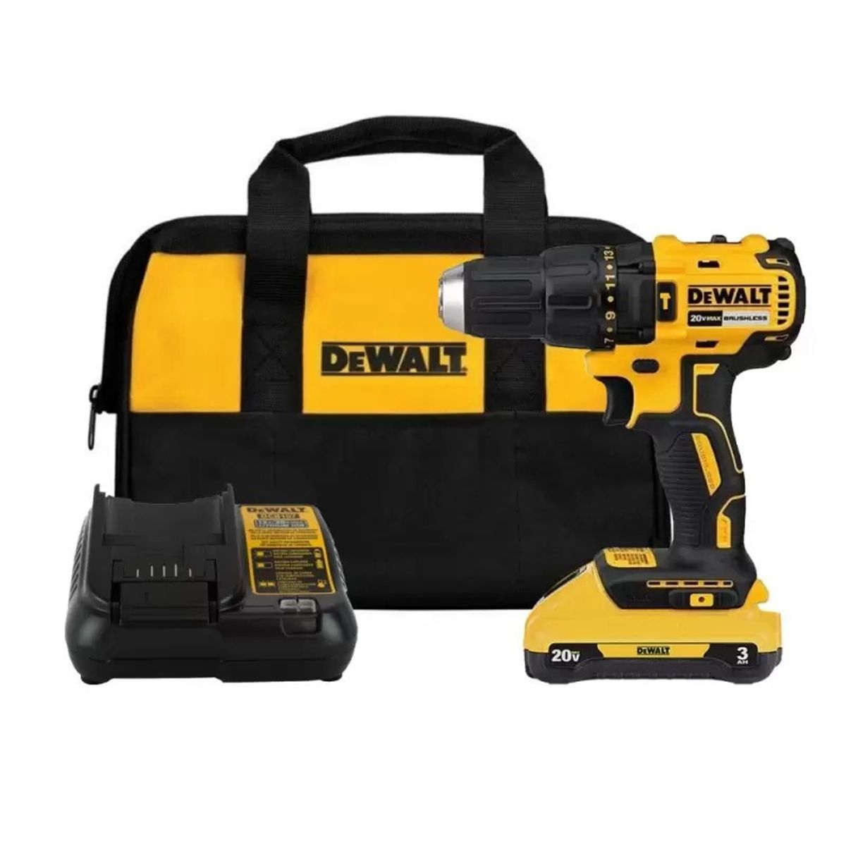 DEWALT - Taladro Percutor Sin Carbones 20V Xr + 1 Bat 3.0 Ah + Cargador + Maleta Lona Dewalt